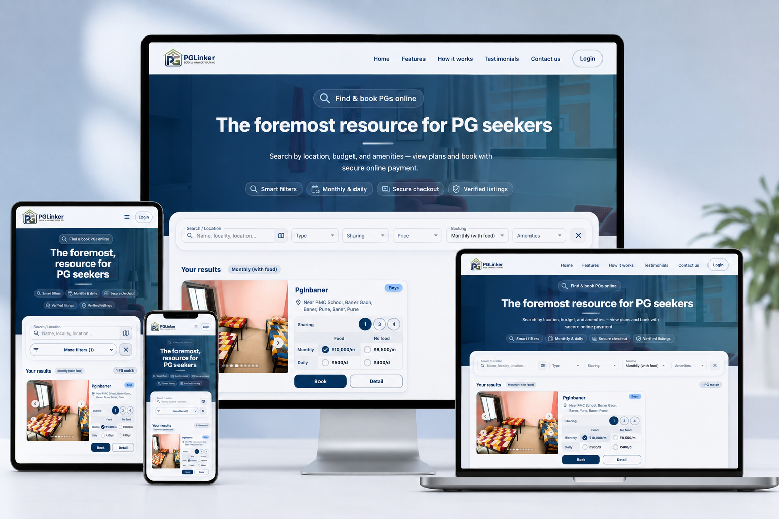 PG Linker full-stack web application developed using React.js and Node.js by Amrita Infovision Pvt Ltd.